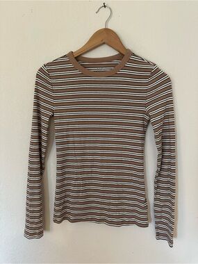 GAP Brown and White Striped Long-Sleeve Crewneck Top